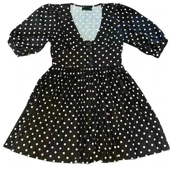ASOS Dresses & Skirts - ASOS black & white polka dot mini dress with puff sleeves & pleated skirt. NWOT